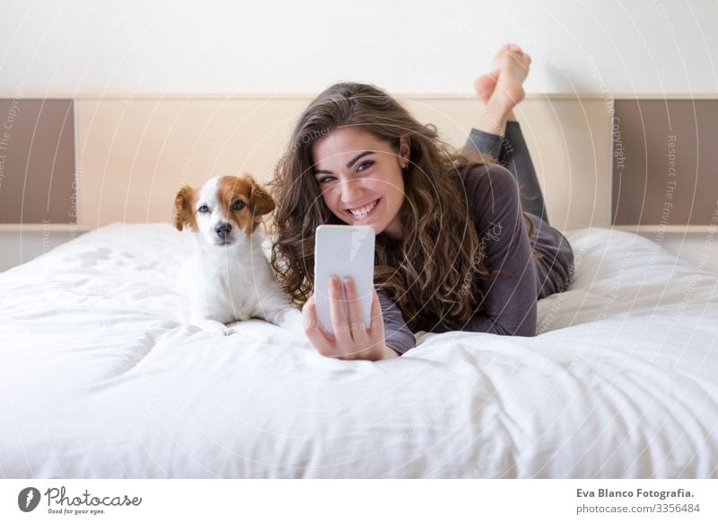 beautiful young woman taking a selfie with mobile phone on bed with her cute small dog besides. Home, indoors and lifestyle Cozy Small Dream mood cuddle