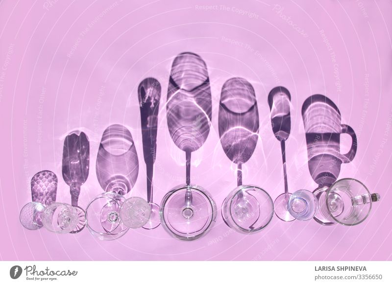 Empty glasses on pink with shadows. Top view Beverage Alcoholic drinks Luxury Elegant Design Beautiful Table Feasts & Celebrations Art Fashion Collection