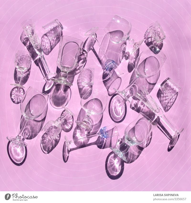 Empty glasses on pink with shadows. Top view Beverage Alcoholic drinks Luxury Elegant Design Beautiful Table Feasts & Celebrations Art Fashion Collection