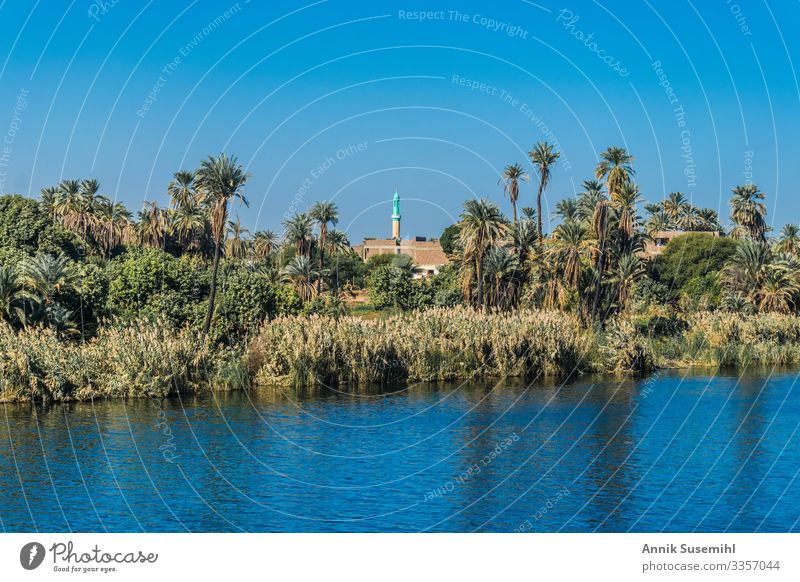 Minarett of a Mosque in a small village at the bank of nile river in egypt. africa culture esna landscape market people poor souk temple town traditional islam