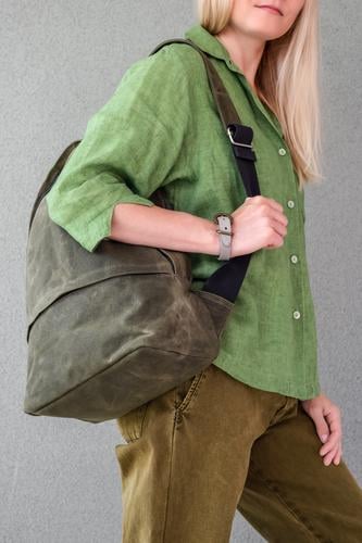 Woman in green clothes holding backpack Beautiful Summer Human being Young woman Youth (Young adults) Adults Fashion Clothing Shirt Pants Jeans Blonde