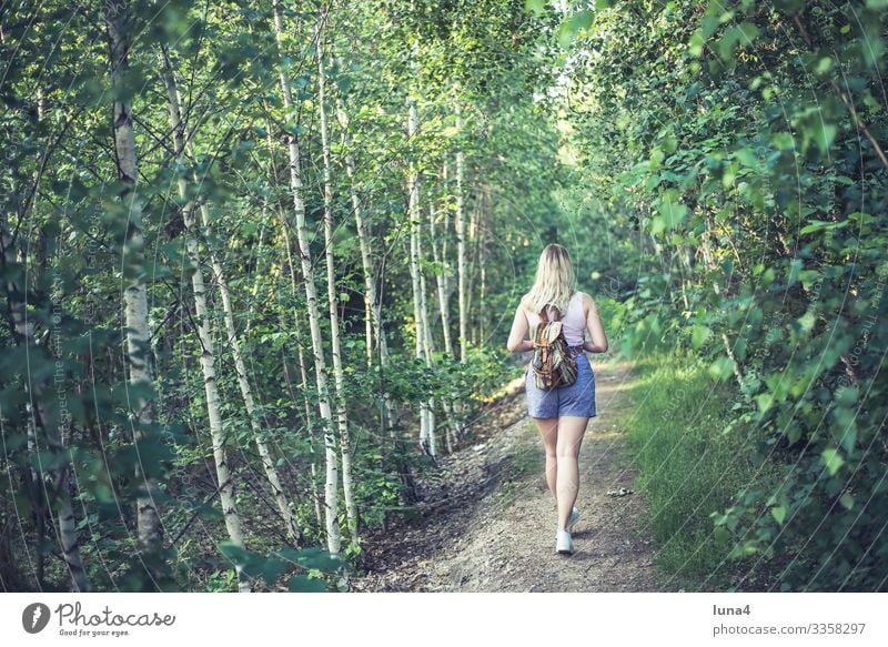young woman with rucksack walking in the wood Woman Forest Backpack Hiking stroll Park relaxed Tree tranquillity wanderer fortunate deceleration youthful
