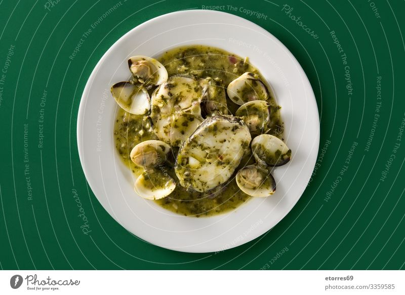 Hake fish and clams with green sauce Blue Delicious Fish Food Healthy Eating Food photograph Fresh Garlic Gourmet Green grilled.black hake herbs Parsley pepper