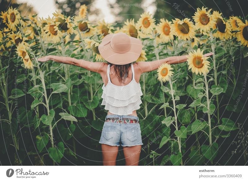 Back view of Young Woman in Sunflower Field Lifestyle Joy Beautiful Wellness Vacation & Travel Freedom Summer Human being Feminine Young woman