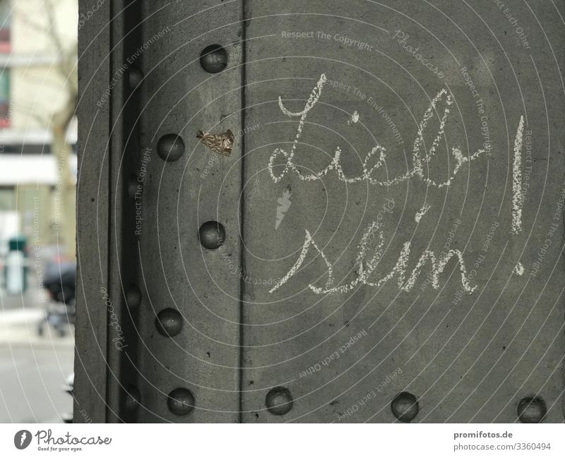 Kreide auf Metall: Schriftzug "Lieb sein!" Art Town Capital city Public transit Street Sign Graffiti Emotions Hospitality Solidarity Help Truth Joy Friendship
