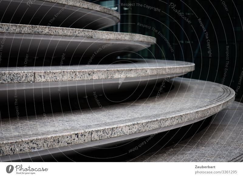 Plate stairs Downtown Deserted Manmade structures Building Architecture Stairs Stone Concrete Curve Dark Elegant Town Gray Black Orderliness Esthetic Precision