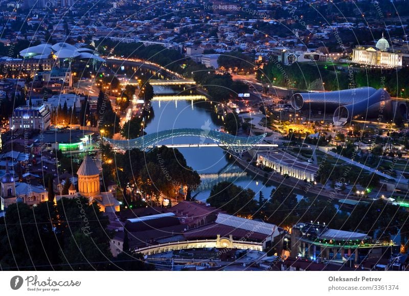 Night Tbilisi view from the top of the hill Beautiful Vacation & Travel Tourism Landscape Sky River Town Bridge Building Architecture Street Old Modern