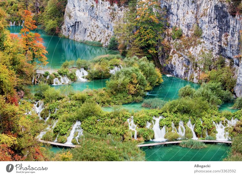 Plitvice Lakes National Park In Croatia Vacation & Travel Environment Nature Landscape Plant Autumn Tree Grass Leaf Rock Pond Waterfall Above Green Turquoise