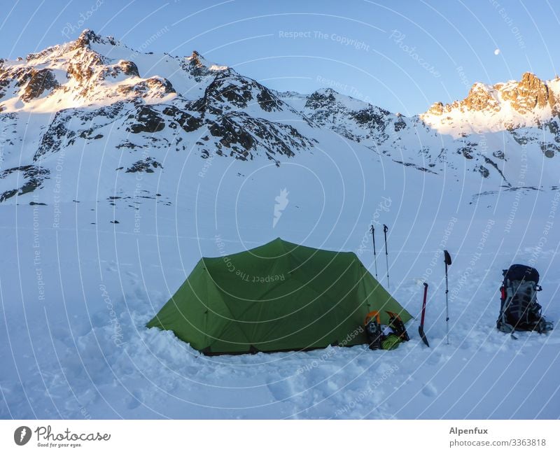 Camping in the | ice age Environment Nature Landscape Climate Climate change Beautiful weather Ice Frost Snow Hill Rock Alps Mountain Peak Snowcapped peak