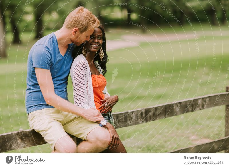 Multiracial couple in the park Lifestyle Summer Human being Woman Adults Man Couple Red-haired Wood Sit Together Modern Black boyfriend casual Caucasian