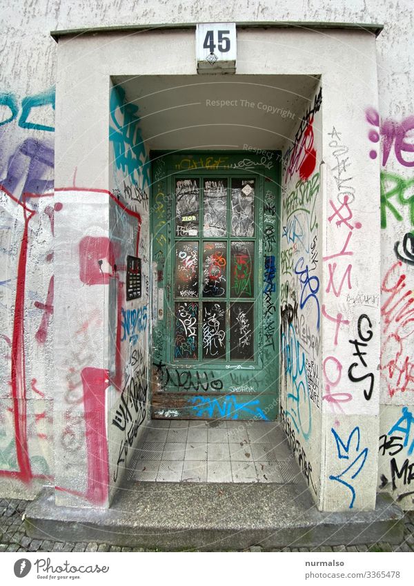45 Art Work of art Graffiti Berlin Capital city Deserted House (Residential Structure) Facade Door Bell Dollar symbol Nerdy Trashy Blue Multicoloured Yellow