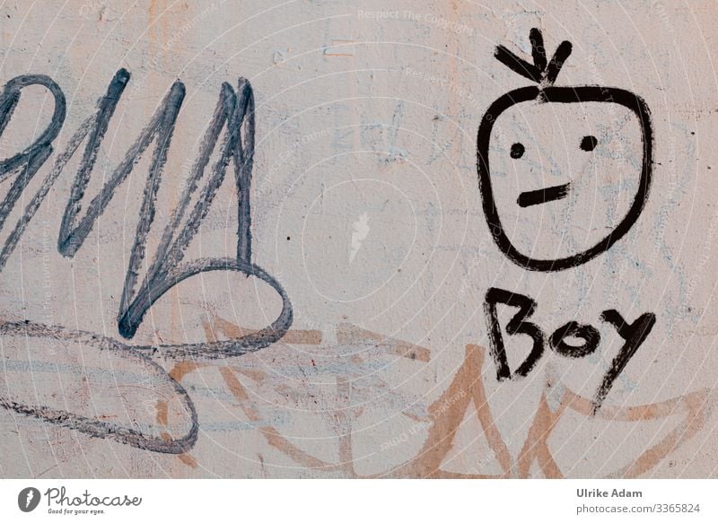 Graffiti Boy Wall (building) boy writing lines Drawing Head Facade Wall (barrier) Letters (alphabet) Characters Text Word Street art Mural painting Trashy