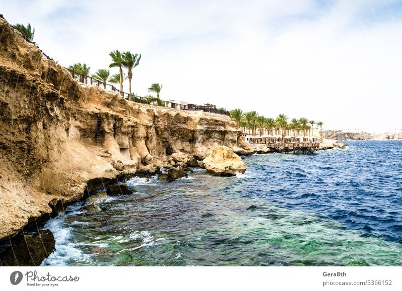 View from the sea to a rocky beach and a reef on the Red Sea Vacation & Travel Ocean Waves Sky Coast Coral reef Stone Blue Yellow Egypt Sharm El Sheikh