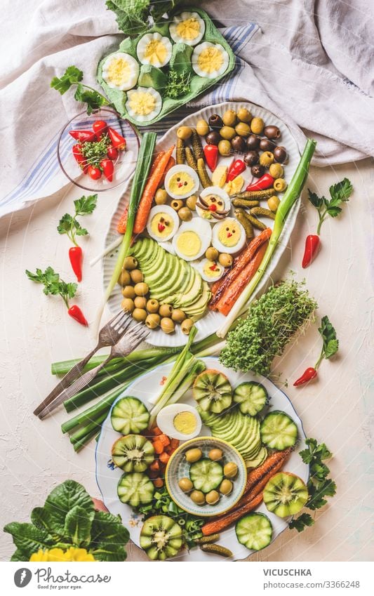 Easter dinner with eggs on a light table Food Nutrition Breakfast Lunch Buffet Brunch Banquet Organic produce Crockery Plate Style Healthy Eating