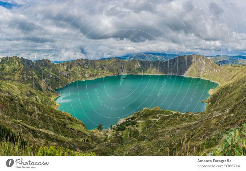 Quilotoa Lake Environment Nature Landscape Plant Animal Earth Water Sky Clouds Sun Sunrise Sunset Summer Climate Weather Grass Hill Rock Peak Tourist Attraction