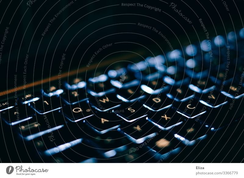 Blue illuminated keyboard of a notebook Computer Notebook Business Keyboard Illuminate Letters (alphabet) Technology Noble Evening Black conceit High-tech
