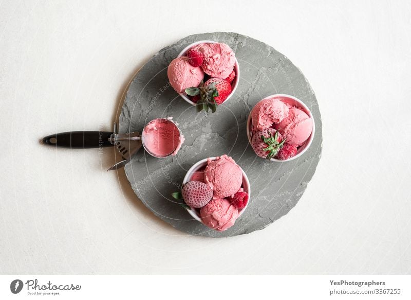 Ice cream in bowls. Raspberries ice cream and frozen fruits Food Dessert Italian Food Pot Table Cool (slang) Fresh Delicious Sweet Pink Red above view