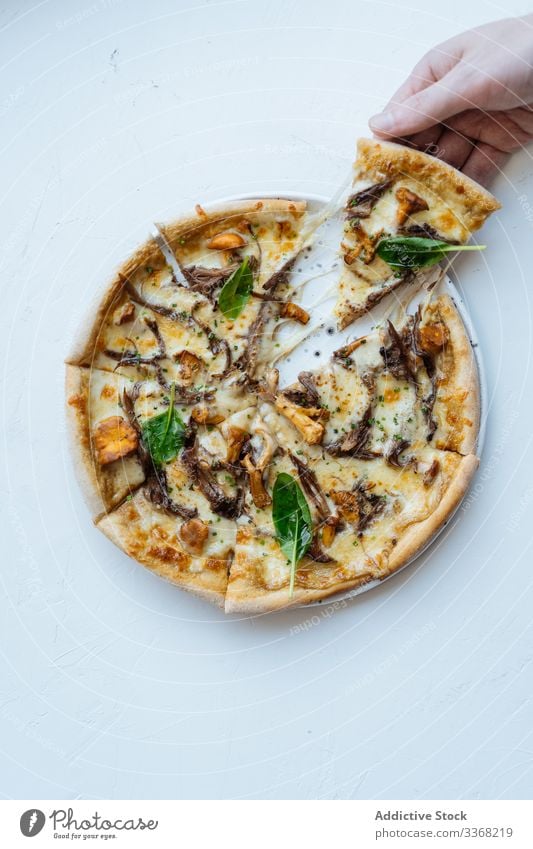 Crop person taking piece of seafood pizza slice cheese basil mushroom dish tasty portion try warm hot herb ingredient recipe baked roasted fried prepared fresh