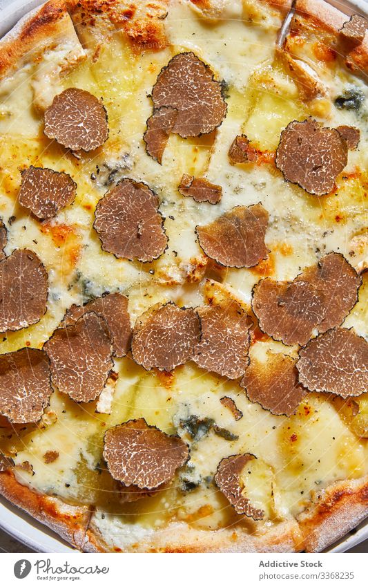 Fresh truffle on tasty pizza slice restaurant table cuisine dinner fine food luxury dish meal expensive gourmet plate lunch excellent shaver tool cafe