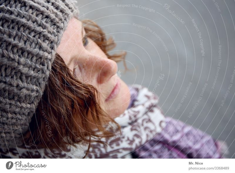 Portrait bird's-eye view - 2 - Sympathy Warm-heartedness Lifestyle Curl Contentment Fashion pretty Natural Accessory Hair and hairstyles Cap Scarf Freckles Skin