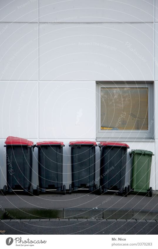 dustbins waste waste disposal Wall (building) Facade Trash Recycling Trash container Ecological Environmental protection Red Green Gray Window Sidewalk Street