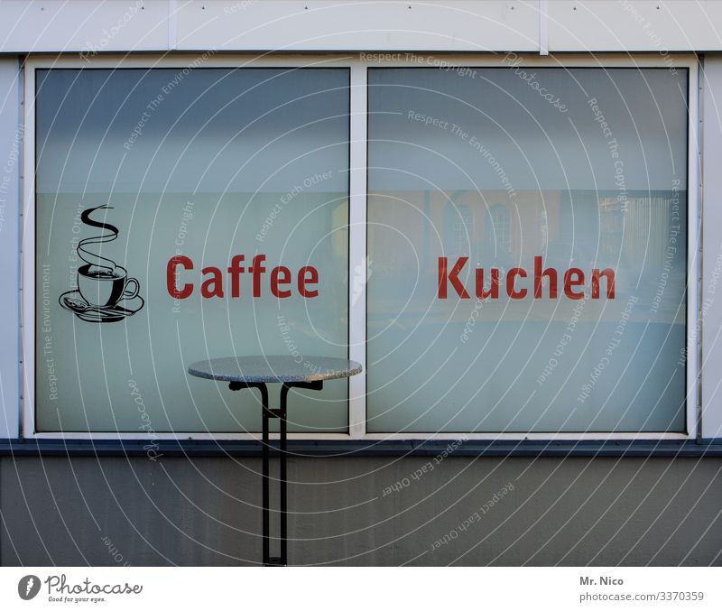 Coffee and cake Coffee break Cake Café Bistro Kiosk Bakery high table Window pane Advertising Store premises To have a coffee Morning break Glazed facade