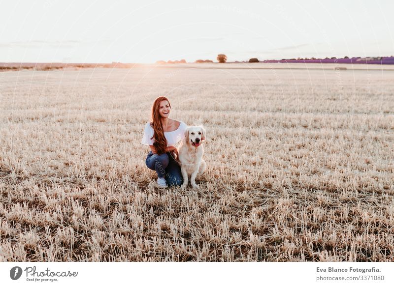 young beautiful woman enjoying at the countryside with her golden retriever dog. summer time yellow pet field sunset walking outdoors lifestyle pink happy