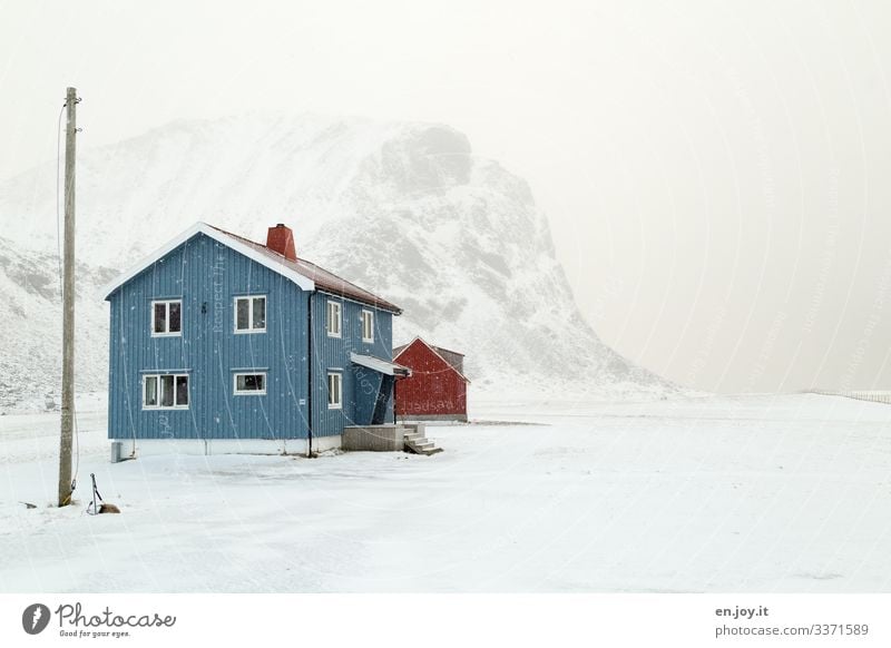 Blue house in the snow in front of snowy mountain Norway House (Residential Structure) Snow Winter Lofotes Scandinavia winter landscape stream Power pole