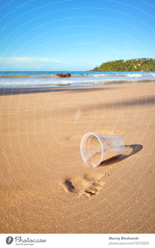 Plastic cup on a tropical beach. Vacation & Travel Summer Summer vacation Beach Ocean Island Environment Nature Sand Footprint Environmental pollution