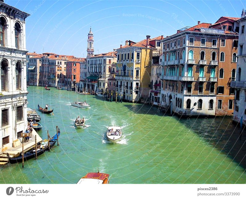 Boats on Canal Grande in Venice Vacation & Travel Summer architecture blue boat building canal channel City cityscape Europe European famous Gondola (Boat)