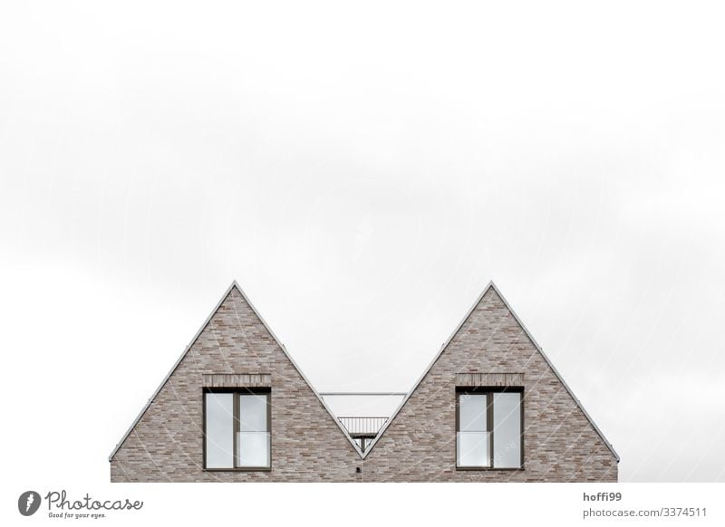 two triangular gables/oriel windows in front of a white sky House (Residential Structure) Facade Window Roof Sharp-edged Cold Modern Town Contentment