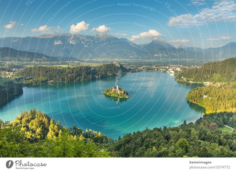 Panoramic view of Lake Bled, Slovenia Beautiful Vacation & Travel Tourism Island Mountain Nature Landscape Autumn Forest Hill Alps Village Town Church Castle