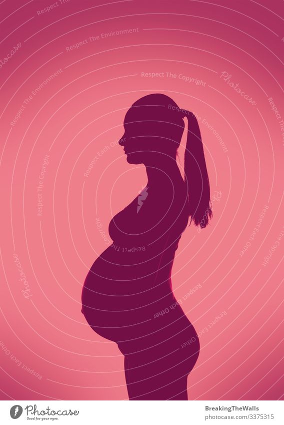Close up purple silhouette of one young pregnant woman standing and holding her belly with hands over pink background with copy space Feminine Young woman