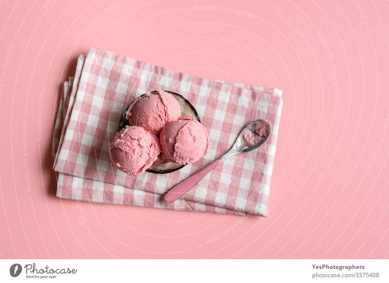 Homemade raspberry ice cream. Pink ice cream balls in a bowl Dessert Ice cream Candy Italian Food Bowl Spoon Cool (slang) Fresh Delicious Sweet above view
