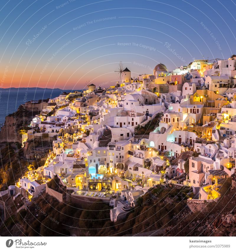 Oia village at sunset, Santorini island, Greece. Beautiful Vacation & Travel Tourism Summer Ocean Island House (Residential Structure) Culture Nature Landscape