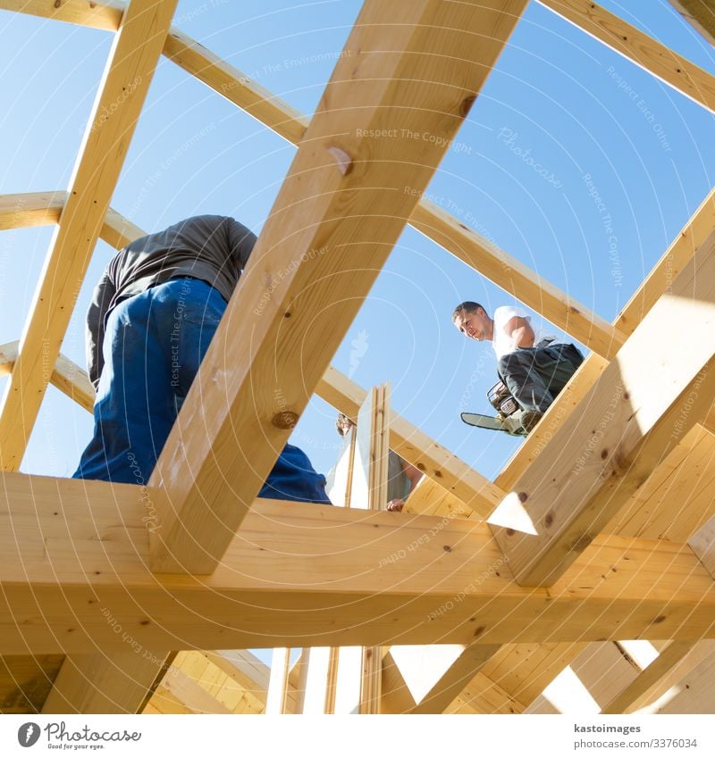 Builders at work with wooden roof construction. House (Residential Structure) Work and employment Craftsperson Construction site Industry Tool Hammer
