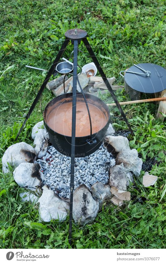 Goulash beeing cooked in a cauldron over an open fire on a picnic. Stew Cooking Food Dish Soup rocks iron fireplace pot Herbs and spices Colour photo firewood