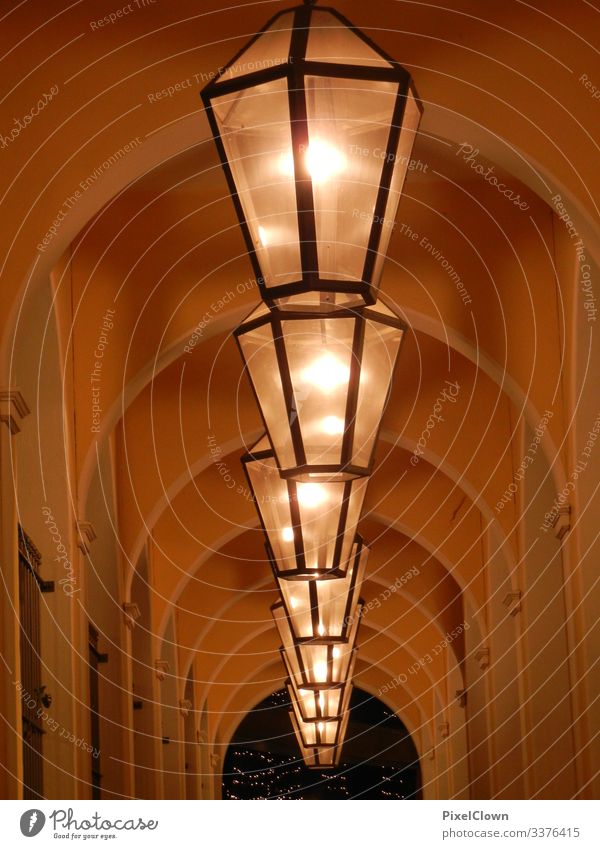 Lamps in one aisle Light Lighting design Artificial light portico canopy Abstract