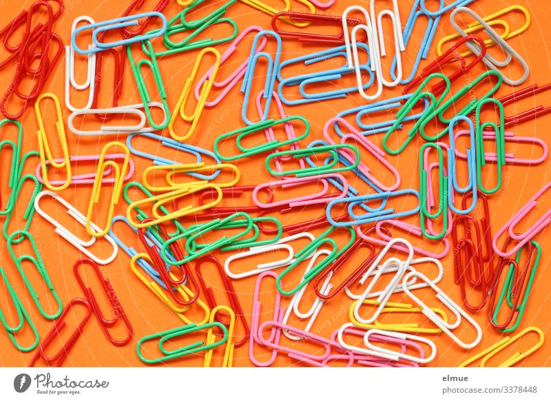 colored paperclips paper clip variegated Colour Many colourful Interior shot Orange Office work aids Bend Joy full-frame image Collection Design creatively