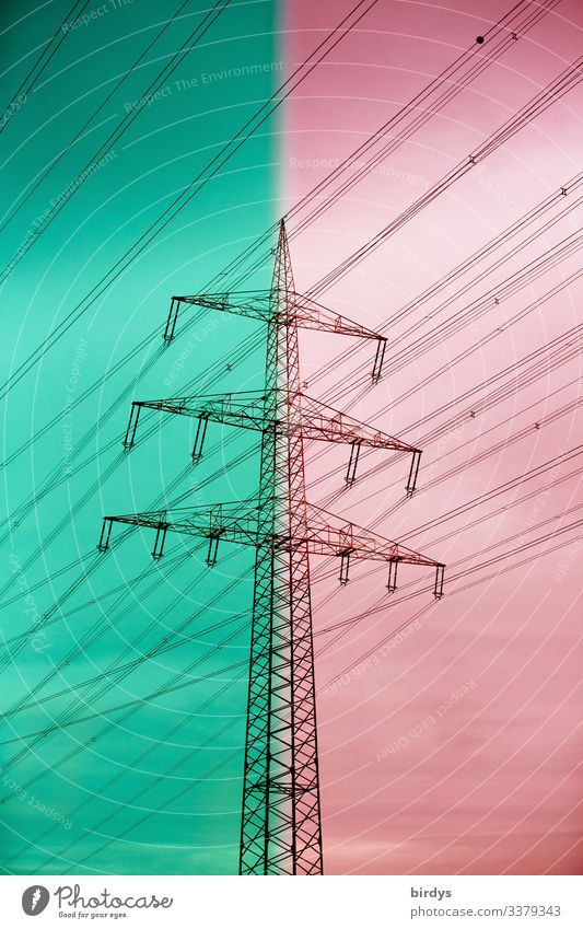Power line pro and contra Energy industry Renewable energy Climate change High voltage power line Electricity pylon To talk Authentic Green Red Moody
