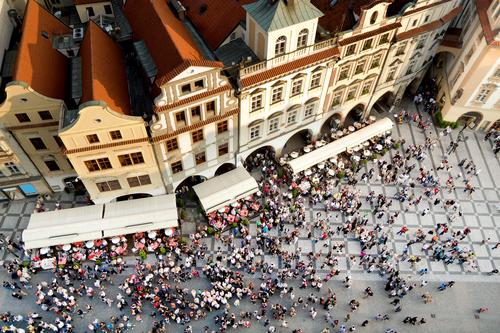 Prague Old Town Square Aerial View In Czechia above aerial architecture cathedral center city cityscape crowd czech europe famous high historical house medieval