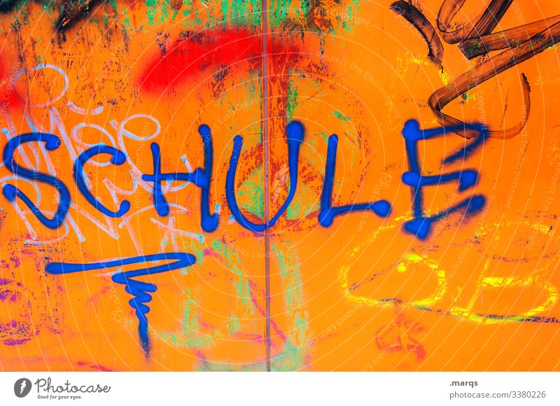 school Education School Study Characters Communicate Close-up Wall (building) Schoolchild everyday school life Orange Graffiti Daub Blue
