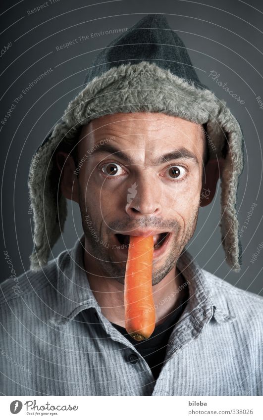 Good for the eyes Vegetable Carrot Human being Masculine Face Eyes 1 Gray Orange Healthy Humor Hare & Rabbit & Bunny eyeliner Irony Colour photo Studio shot