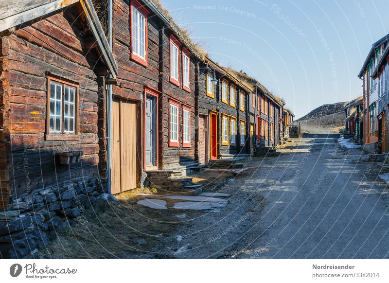 Old wooden houses in the mining town of Röros in Norway World heritage Scandinavia Tradition Retro Town Idyll Nostalgia Wooden house Colour photo Mining