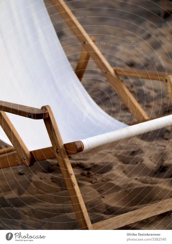 Old | Old-fashioned deckchair on the Elbe beach Deckchair Chair Sand sun lounger beach couch rest Empty White cover Beach Appealing wood wooden reclining chair