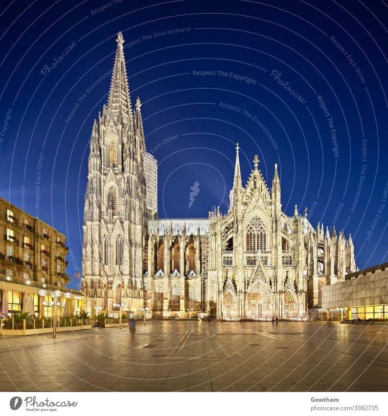 Cologne Cathedral At Night, Germany square cologne night cologne cathedral evening dusk german germany church gothic style altstadt clear architecture