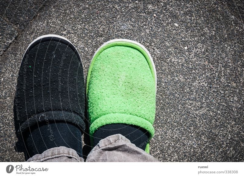 View from above two different slippers on asphalt Lifestyle Style Healthy Health care Illness Human being Masculine Senior citizen Feet Town Pedestrian Sidewalk