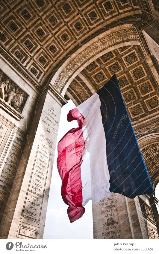 liberté, égalité, fraternité Paris France Capital city Downtown Gate Tourist Attraction Landmark Arc de Triomphe Flag Esthetic Famousness Gigantic Large Bravery
