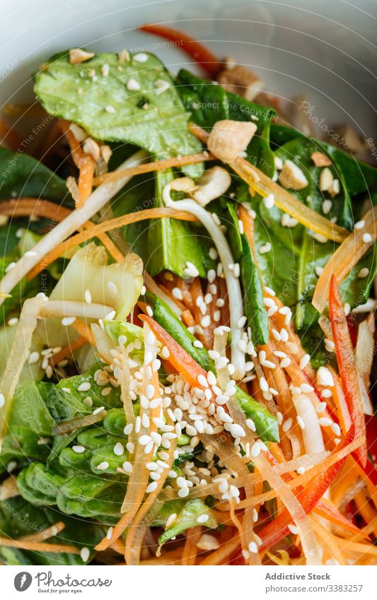 Salad with soybean sprout and seeds greenery herb parsley seafood plate restaurant wooden organic tasty dish table fresh meal delicious colorful vitamin bowl