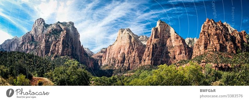 Mountain range of the Zion National Park in USA Adventure Americas Beautiful Blue canyon Cliff nature conservation Target Dramatic Environment Forest Canyon